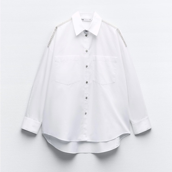 Zara Tops - ZARA BEADED SHOULDER POPLIN SHIRT WHITE